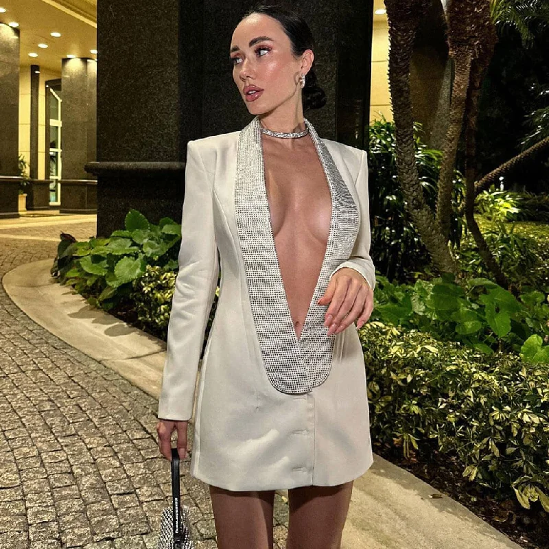 Price Drop Sparkly Crystal Shawl Collar Backless Cutout Micro Short Blazer Mini Dress Price Drop Sparkly Crystal Shawl Collar Backless Cutout Micro Short Blazer Mini Dress