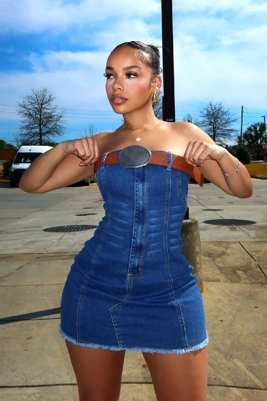 Online Only Bottoms Up Belted Denim Tube Dress