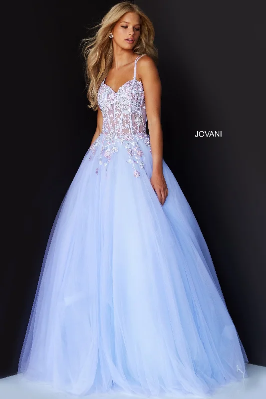 Jovani 06207 Lilac Prom Dress Ballgown v neckline Sheer floral corset bodice and tulle skirt