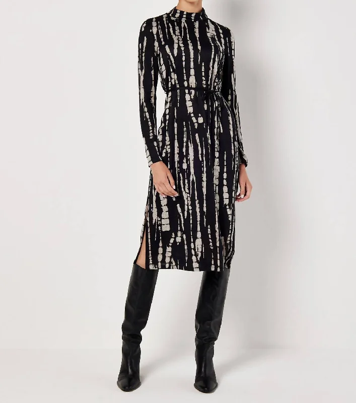 Print Knit Dress Belted In Black/gray