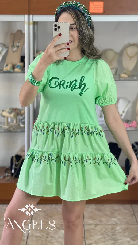 Can't Miss Grinch and Christmas Lights Mini Dress