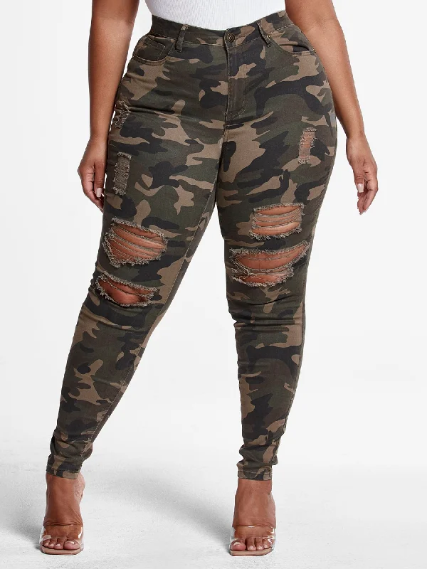 Limited Time Offer High-Rise Super Skinny Destructed Jeans in Green Camo - Short Inseam