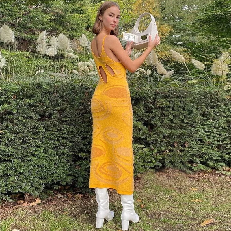 Super Bargain Fuzzy Tie Dye Cutout Spaghetti Strap Midi Sweater Dress - Yellow