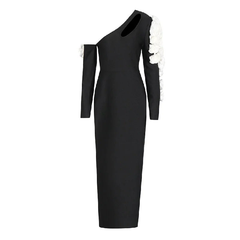 Deep Discounts Sexy Cutout One Shoulder Rosette Embellished Bandage Evening Maxi Dress