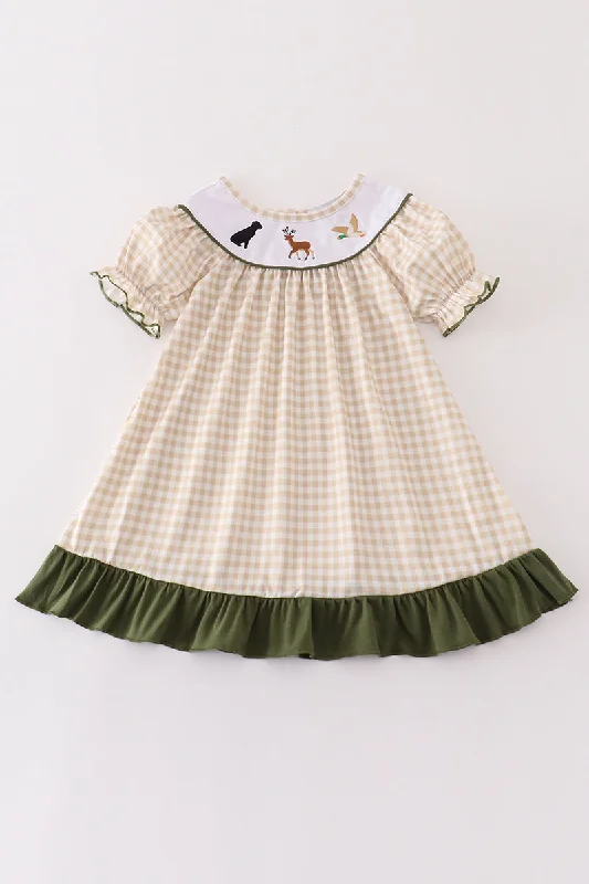 Weekend Deal Gingham hunting embroidery girl dress