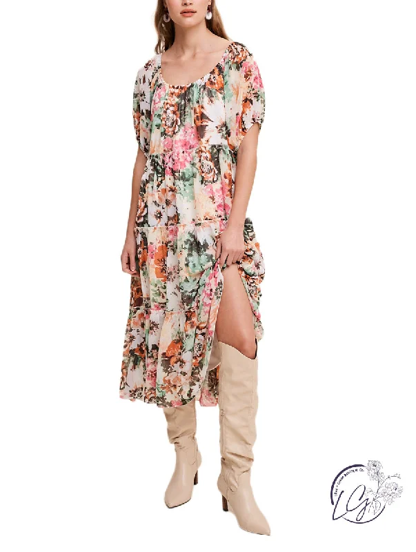 Closeout Sale Relaxed and Flowy Flower Print Chiffon Maxi Dress