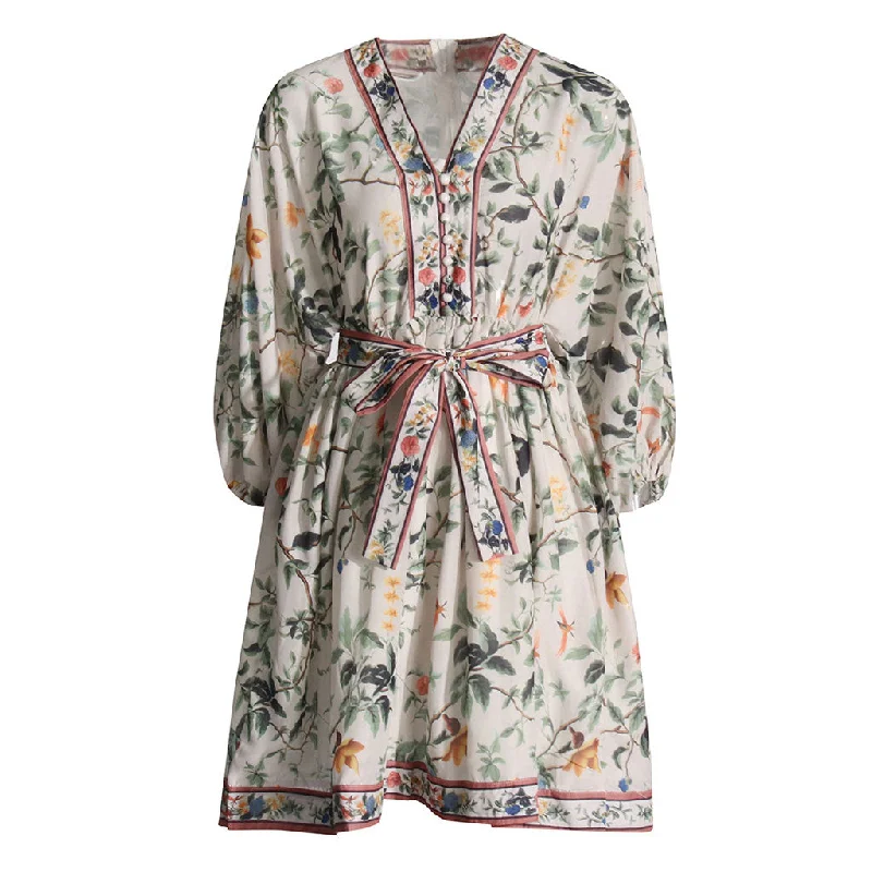 Limited Time Discount Boho Style V Neck Blouson Sleeve High Waist Belted Floral Print Mini Dress