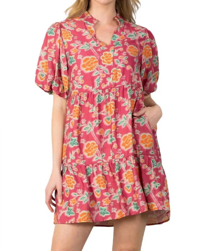 Puff Sleeve Flower Print Dress In Dusty Rose