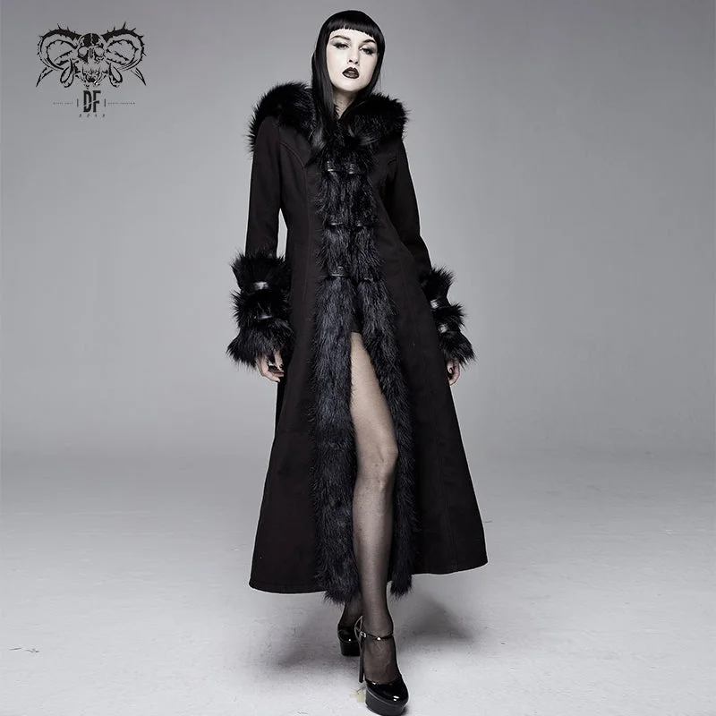 Limited Availability CT12601 winter sexy women black Gothic double-faced woolen hooded long coat with fur
