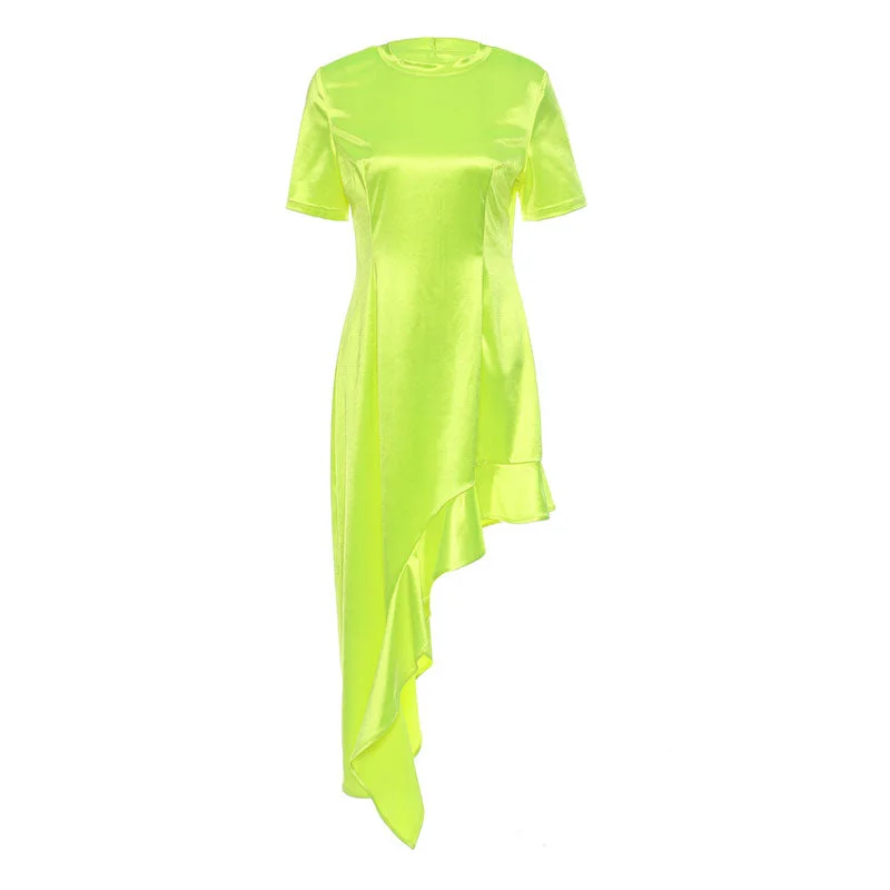 Amazing Deals Electric Crew Neck Short Sleeve Asymmetrical Ruffle Hem T Shirt Dress