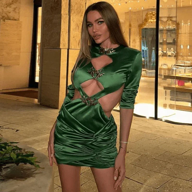 Special Buy Classy Bird Detail Long Sleeve Twist Ruched Cutout Satin Mini Dress