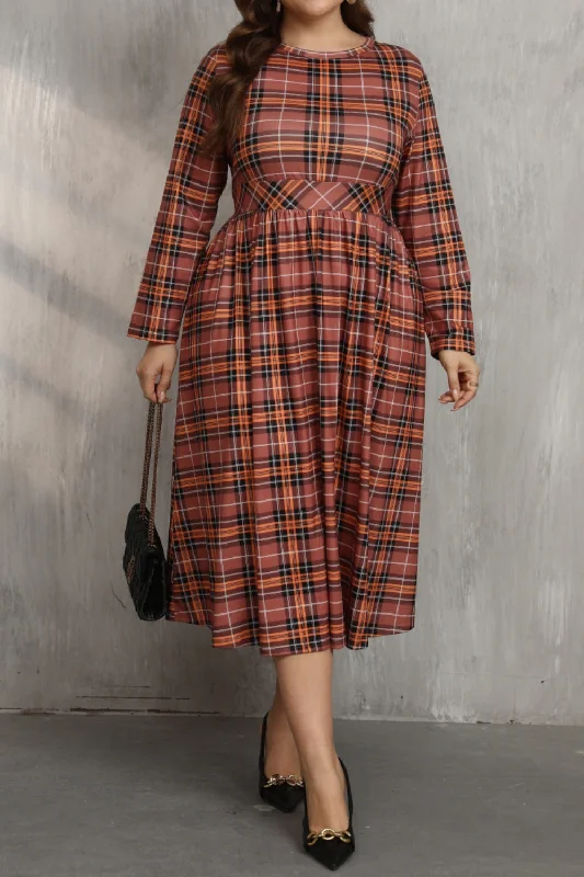 Don't Wait Plus Size Plaid Round Neck Long Sleeve Midi Dress