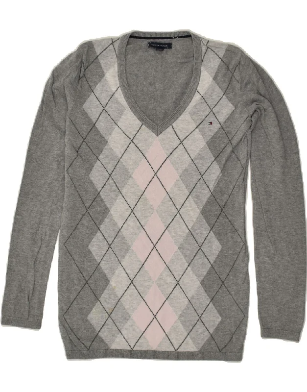 TOMMY HILFIGER Womens V-Neck Jumper Sweater UK 6 XS Grey Argyle/Diamond