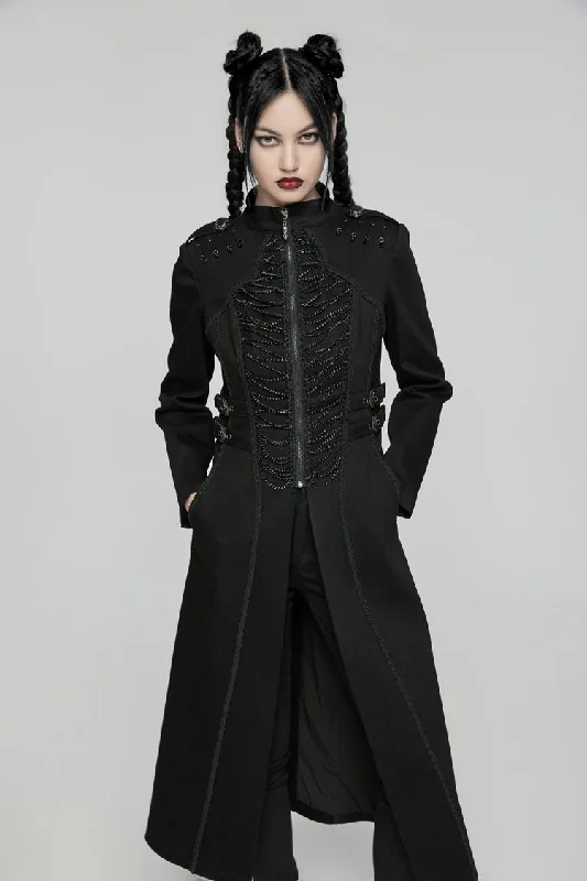 Incredible Offers Black Stand Collar Chain Zipper Long Sleeves Women's Gothic Long Coat