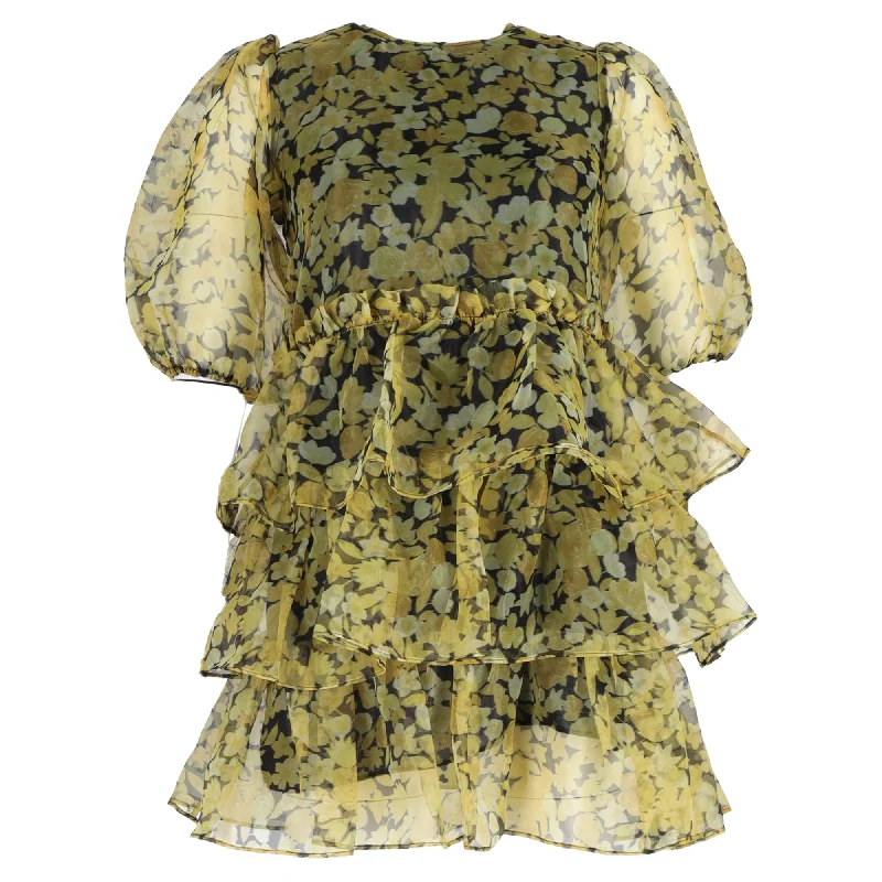 Ganni Ruffled Tiered Floral-Print Organza Mini Dress In Yellow Polyester