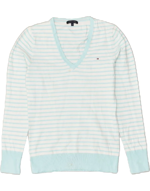 Savings Alert TOMMY HILFIGER Womens V-Neck Jumper Sweater UK 12 Medium Blue Striped