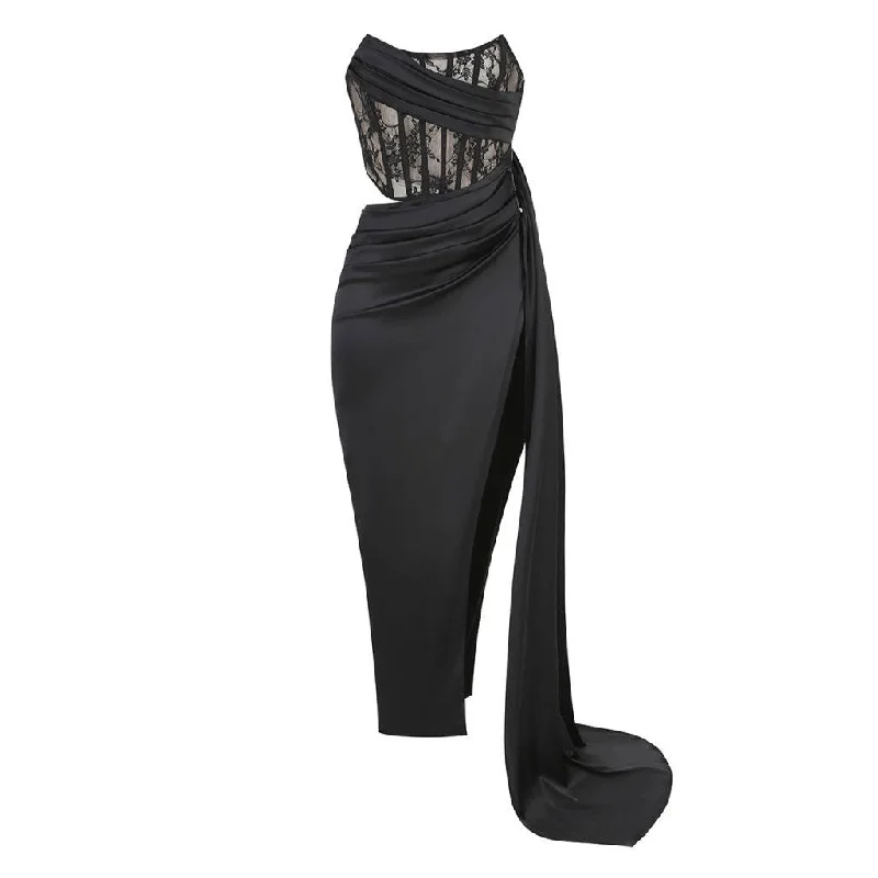 Price Cut Sexy Floral Lace Panel Pleated Corset Draped High Split Maxi Evening Dress Price Cut Sexy Floral Lace Panel Pleated Corset Draped High Split Maxi Evening Dress