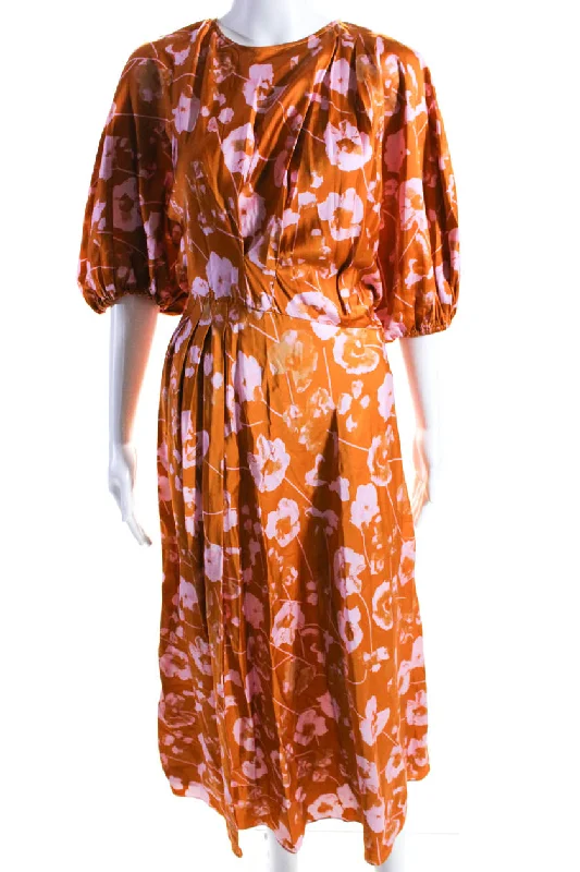 Stine Goya Womens Floral Print Back Button Long Dress Orange