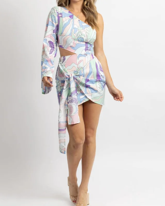 Limited Quantity One Sleeved Side-Tie Mini Dress In Pastel Print | Pastel Print