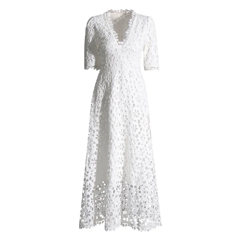 Deal Frenzy Feminine Lace Trim V Neck Half Sleeve Broderie Anglaise Fit and Flare Maxi Dress Deal Frenzy Feminine Lace Trim V Neck Half Sleeve Broderie Anglaise Fit and Flare Maxi Dress