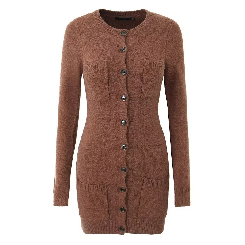 Daily Deals Chic Crew Neck Button Up Pocketed Long Sleeve Ribbed Knit Sweater Mini Dress