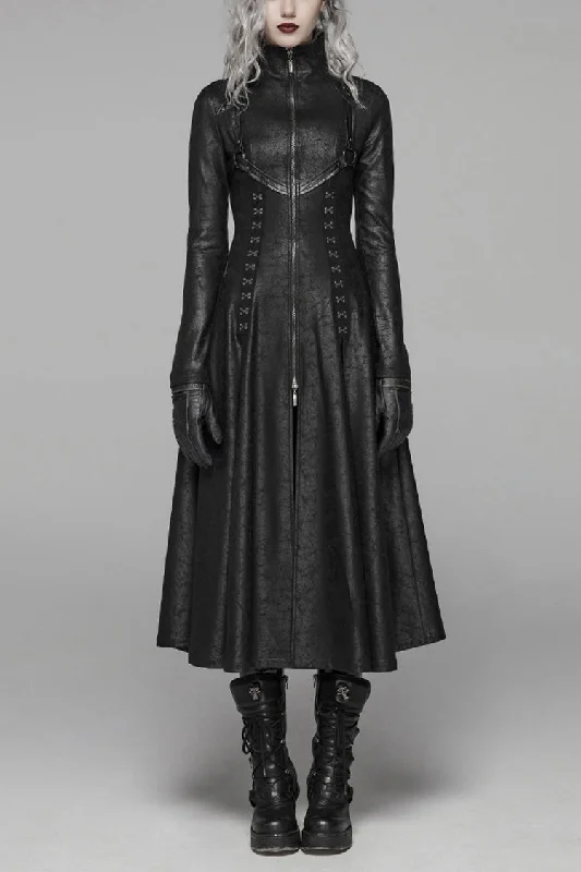 Best Seller Black Stand Collar Long Sleeves Metal Ring Woven Strap Womens Gothic Long Coat