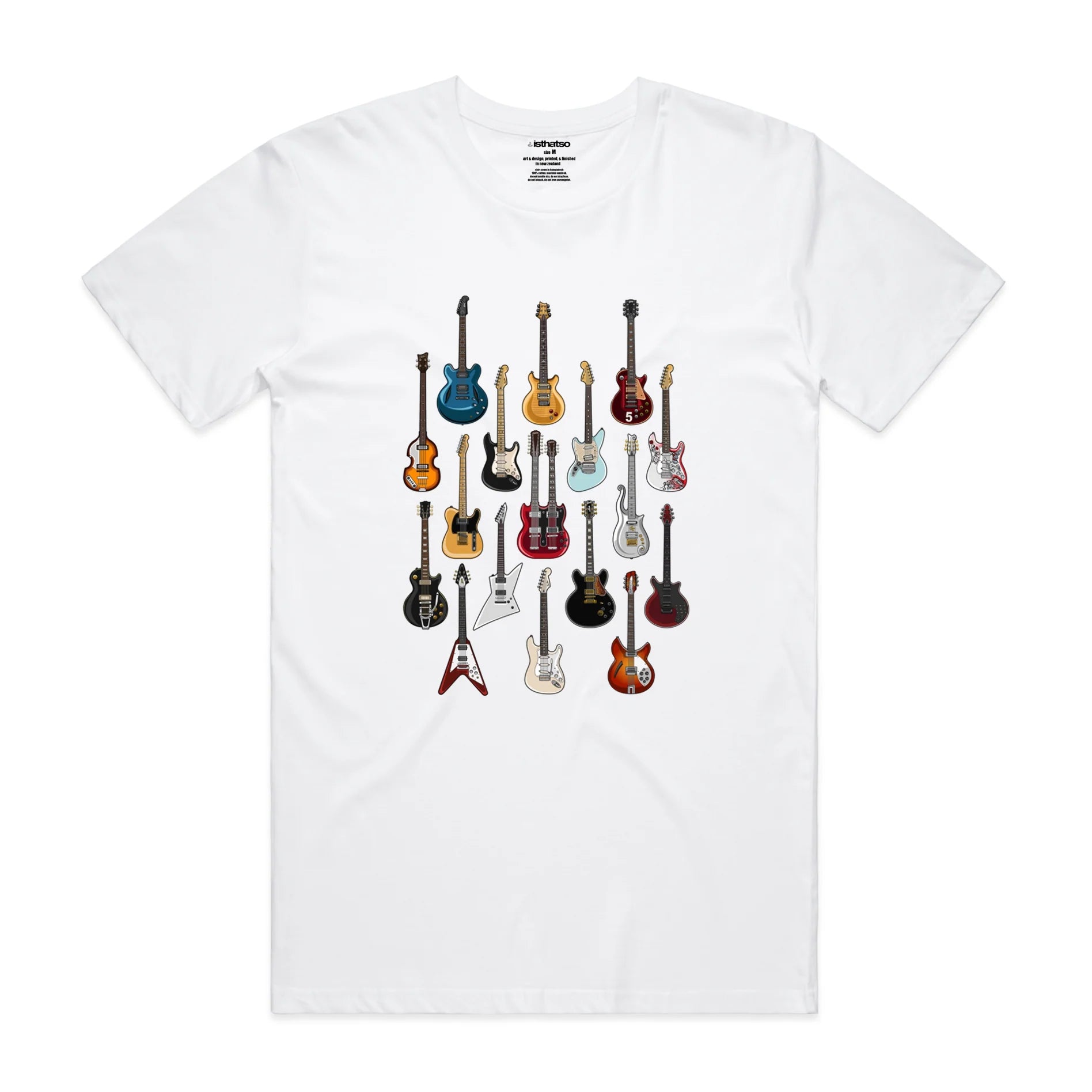 Limited Availability Isthatso Cotton Graphic T Shirt - Famous Guitars - White