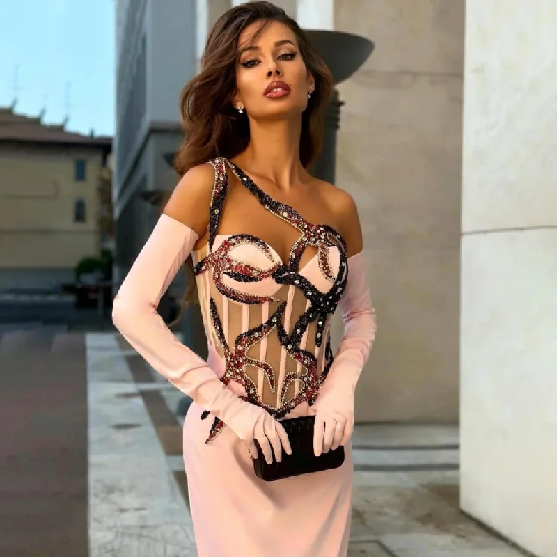 Must-Have Deals Sparkly Crystal One Shoulder Opera Glove Sheer Corset Maxi Evening Dress