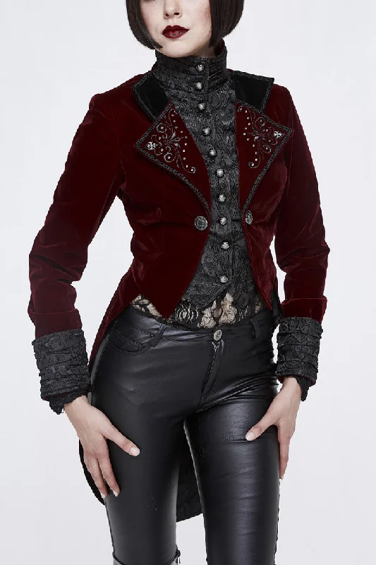 Red/Black Jacquard Lapel Embroidered Metal Nail Velveteen Swallowtail Women's Gothic Coat