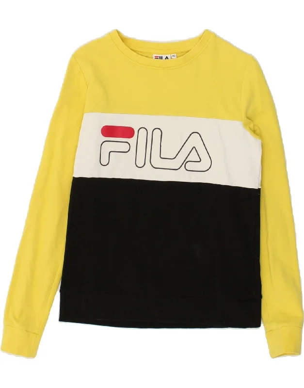 Limited Availability FILA Womens Graphic Sweatshirt Jumper UK 6 XS Yellow Colourblock