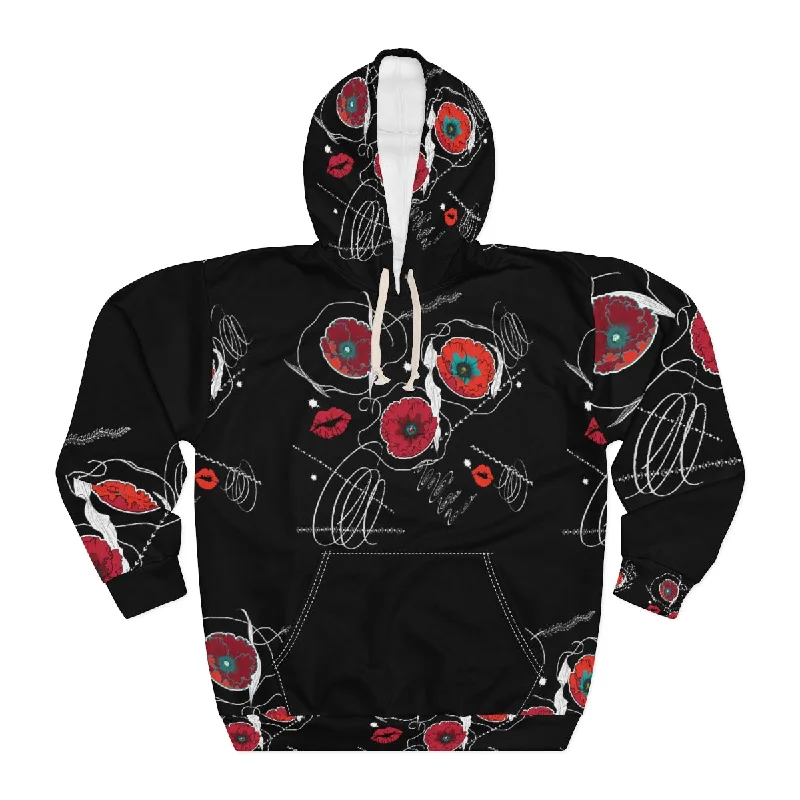 AOP Unisex Pullover Hoodie RUBY FLOWERS DOODLES ON BLACK