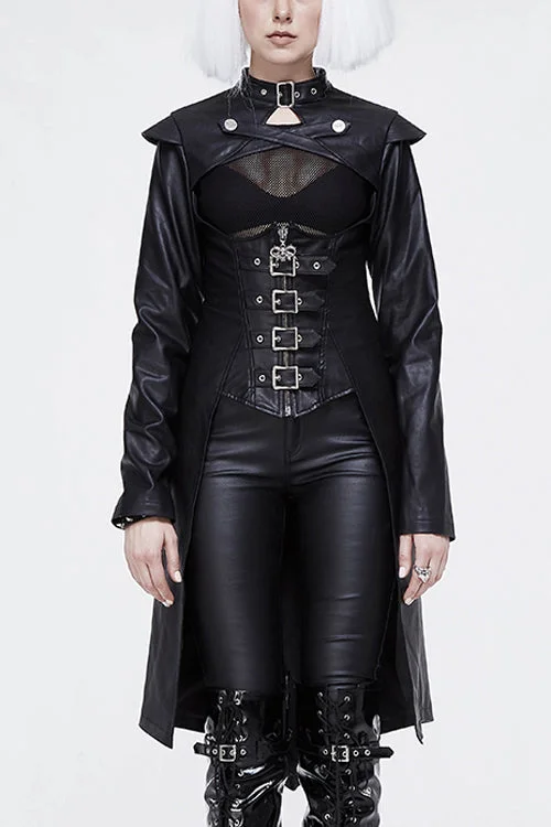 Black waisted short front and long back bare breast leather long womens Punk coat