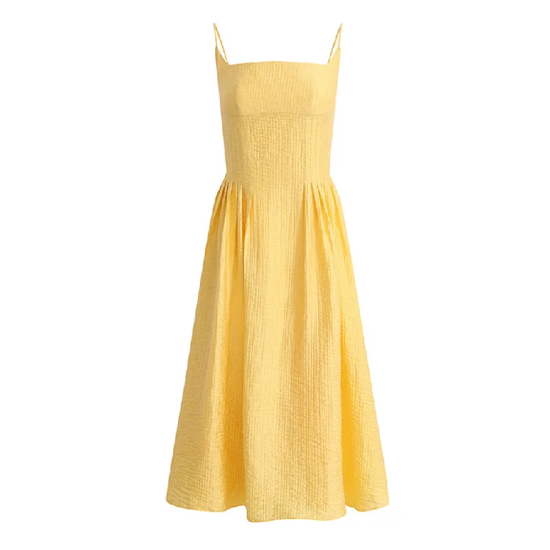 New Arrival Sexy Lace Up Backless Square Neck Pleated Crinkled Midi Sundress