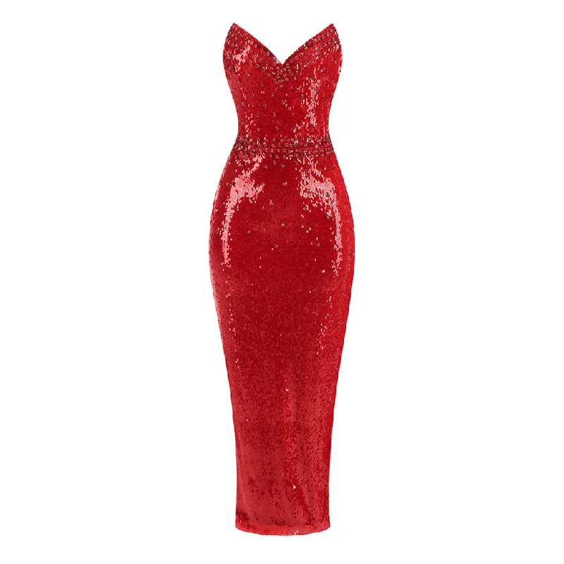 Best Bargains Glitter Strapless Crystal & Sequin Embellished Sheath Midi Cocktail Dress
