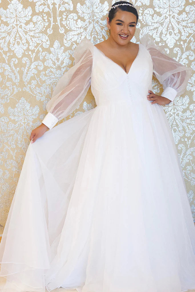 Price Slash Johnathan Kane For Sydney's Closet JK2317 V-Neck Pleated Bodice Long Sheer Pouf Sleeve With Cuff Train Plus Size Formal Dress