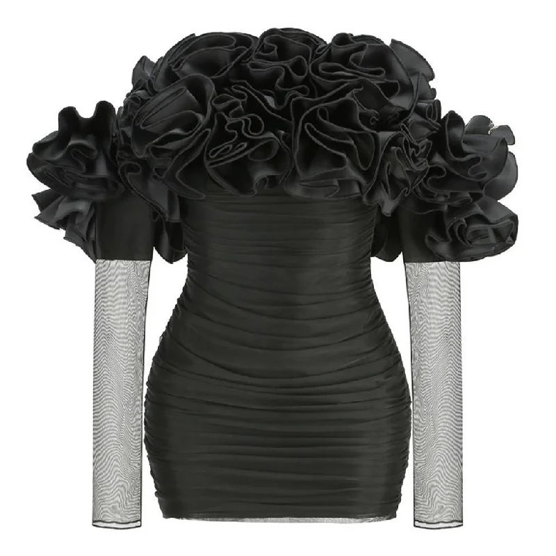 Steals and Deals Voluminous Rosette Corsage Off Shoulder Sheer Mesh Ruched Mini Party Dress