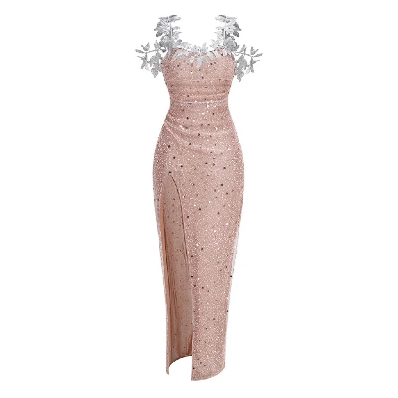 TIME-Limited Offer Luxury Beaded Sequin Embroidered Leaf Cold Shoulder Ruched Mesh Maxi Dress
