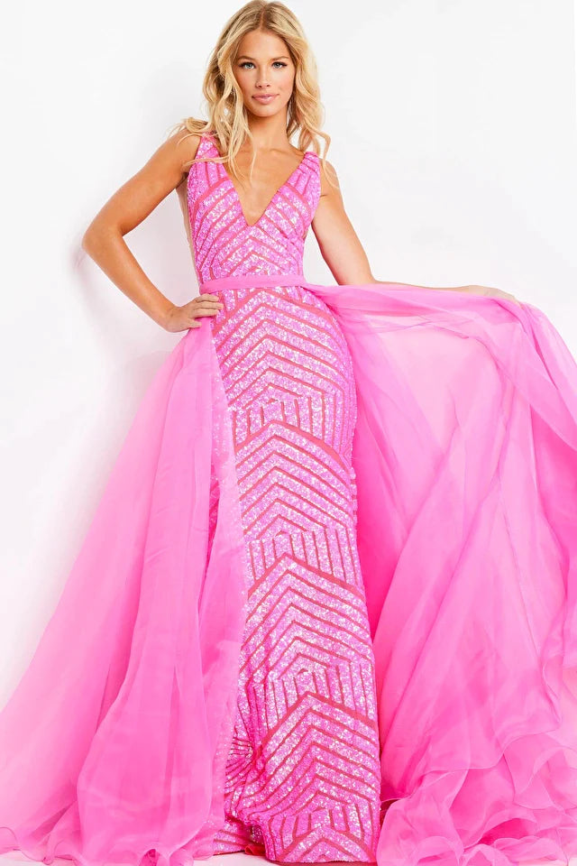 Jovani 25833 Size 12 Hot Pink Long Fitted Sequin Mermaid Pageant Dress Detachable Overskirt Pageant Gown