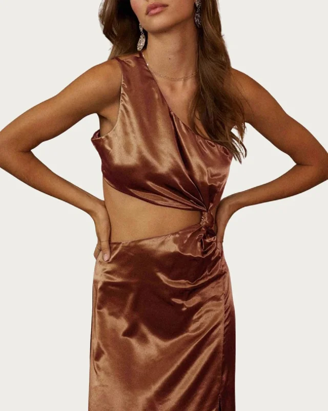Now or Never One-Shoulder Satin Cutout Midi Dress In Bronze | Bronze