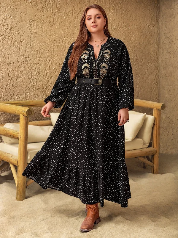 Epic Deals Plus Size Embroidered Polka Dot Notched Long Sleeve Dress