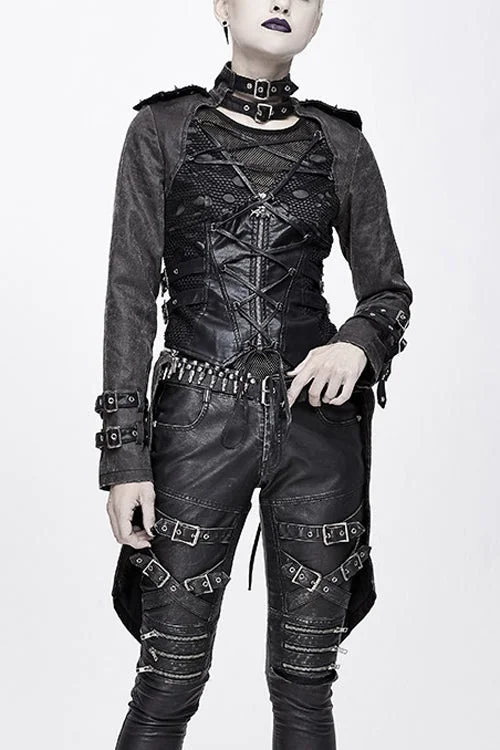 Black Spiked Zipper Up Punk Mesh Womens Coat With Loops