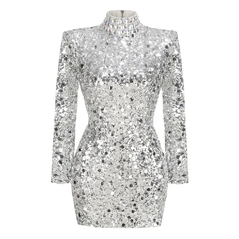Blowout Deals Opulent Rhinestone High Neck Long Sleeve Embellished Sequin Mini Dress
