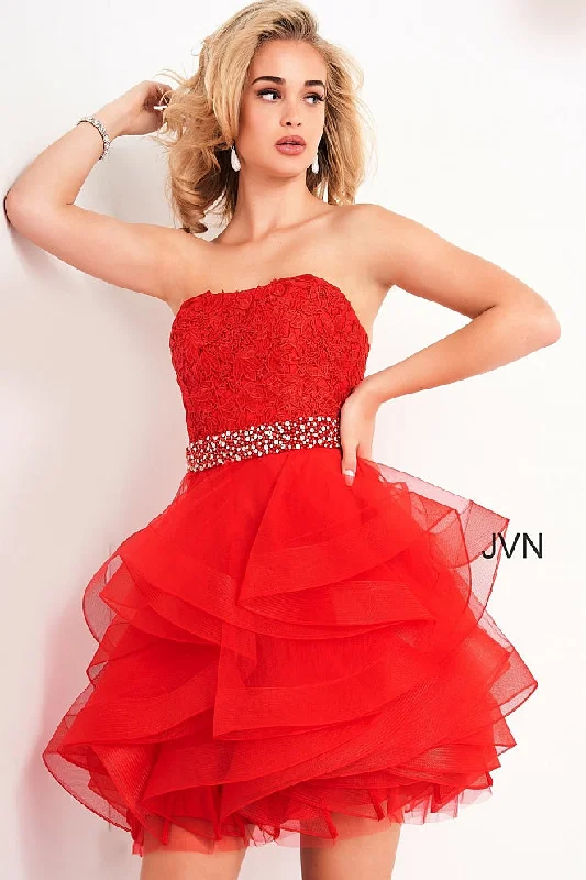 Jovani 3099 strapless lace short cocktail dress fit and flare Tulle Ruffle homecoming dress