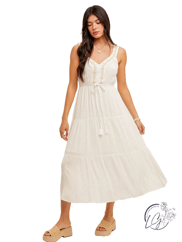One-DAY Sale Sleeveless Embroidery Detail Midi Dress