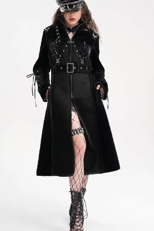 Instant Savings Black Women's Buckle-up Studs Eyelets Gothic Coat