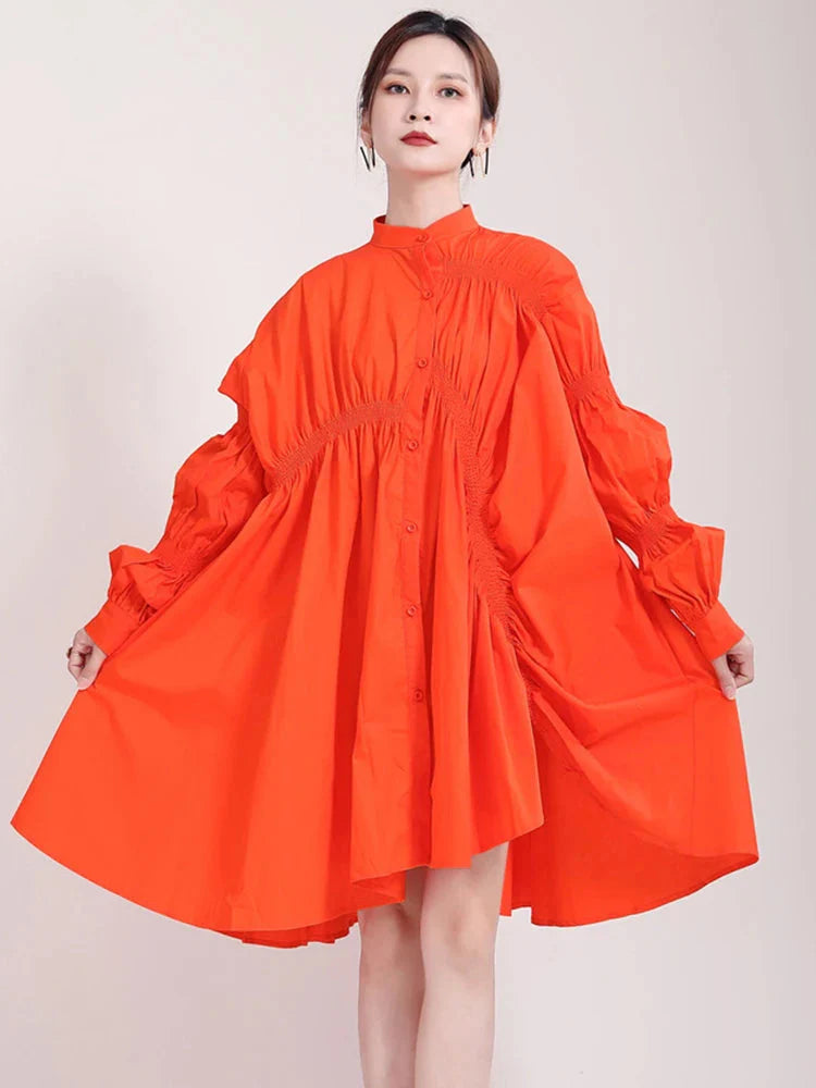Discount Extravaganza Hotaru Long Sleeve Pleated Shirt Dress - Orange