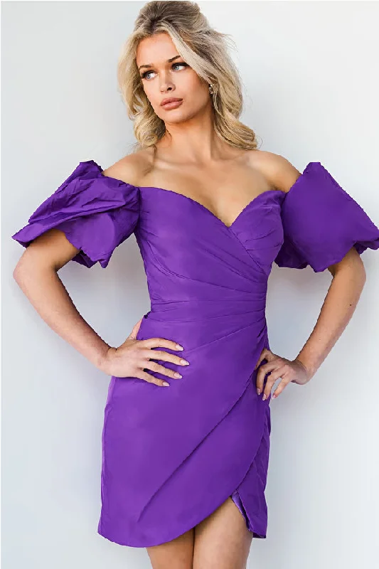 Price Break Jovani 09476 Off The Shoulder Cocktail Dress Puff Sleeve Ruched Wrapped Skirt Sweetheart Neckline Homecoming Dress