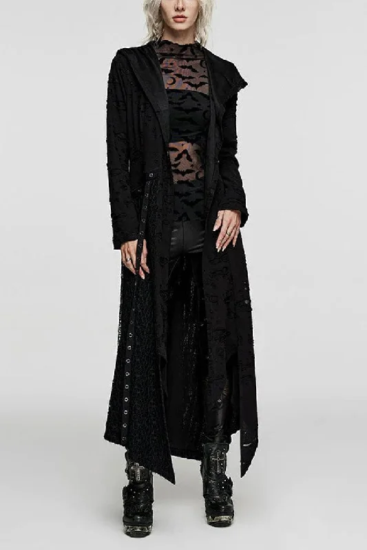 Take Advantage Black Ripped Mesh Stitching Irregular Hooded Womens Steampunk Coat