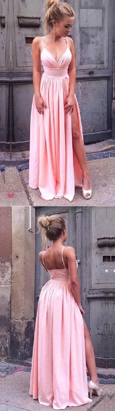 Members Only spaghetti straps baby pink simple long prom dress, PD5895