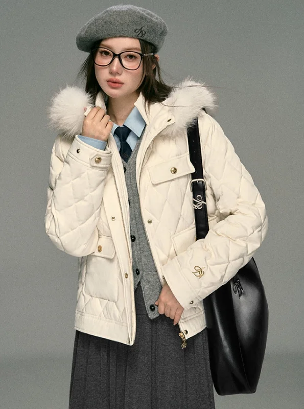 Stock Clearance Luxe Quilted Puffer Jacket: Winter White with Faux Fur Hood Trim and Gold Logo Detail